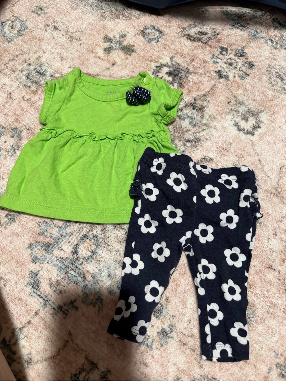 Carter's Lime Green Ruffle Top with Navy Floral Leggings